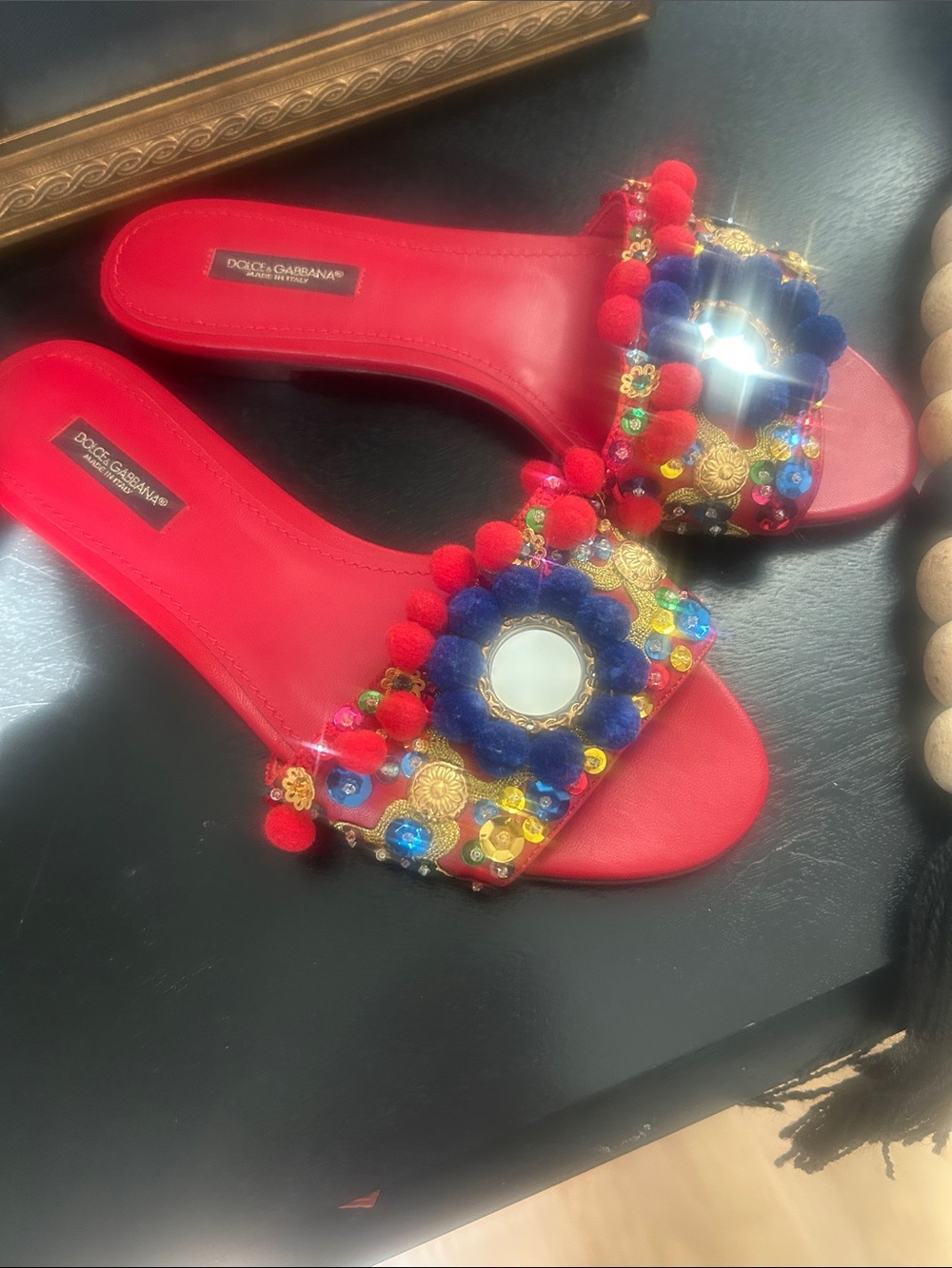 Dolce & Gabbana Red Multicolor Embellished Slide Sandals